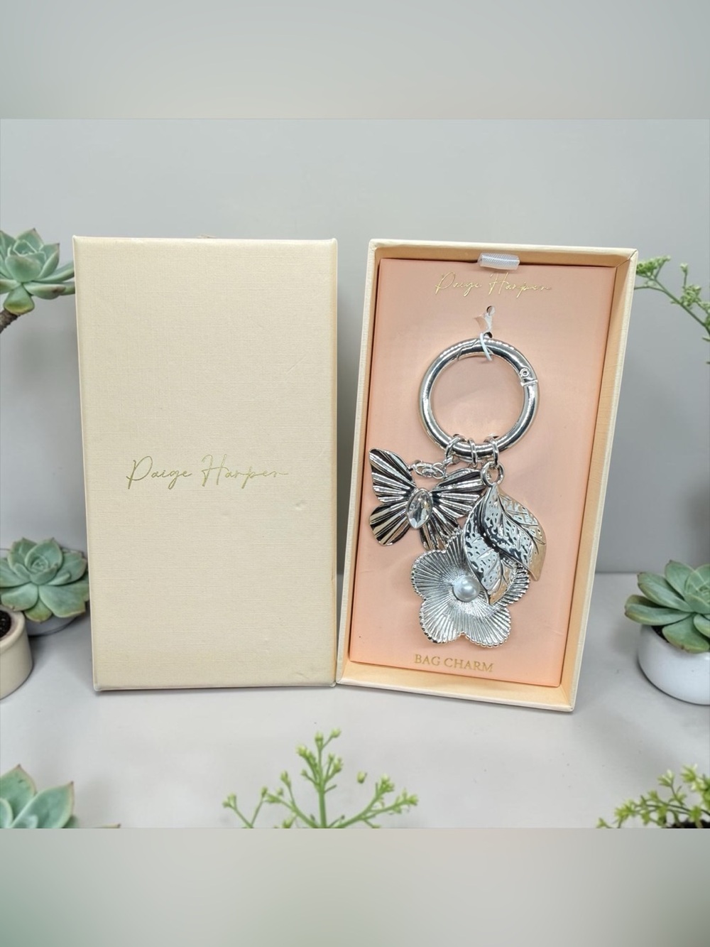 🩶PAIGE HARPER🩶Silver Floral & Butterfly Bag Charm/NIB